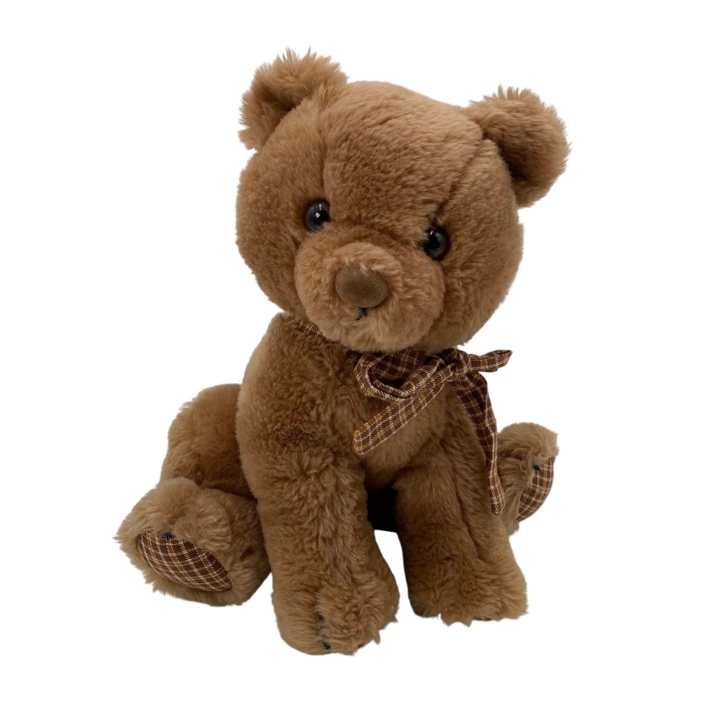 Vintage Dakin Brown Teddy Bear 10" Plush 1984 Sitting Plaid Bow Stuffed Animal